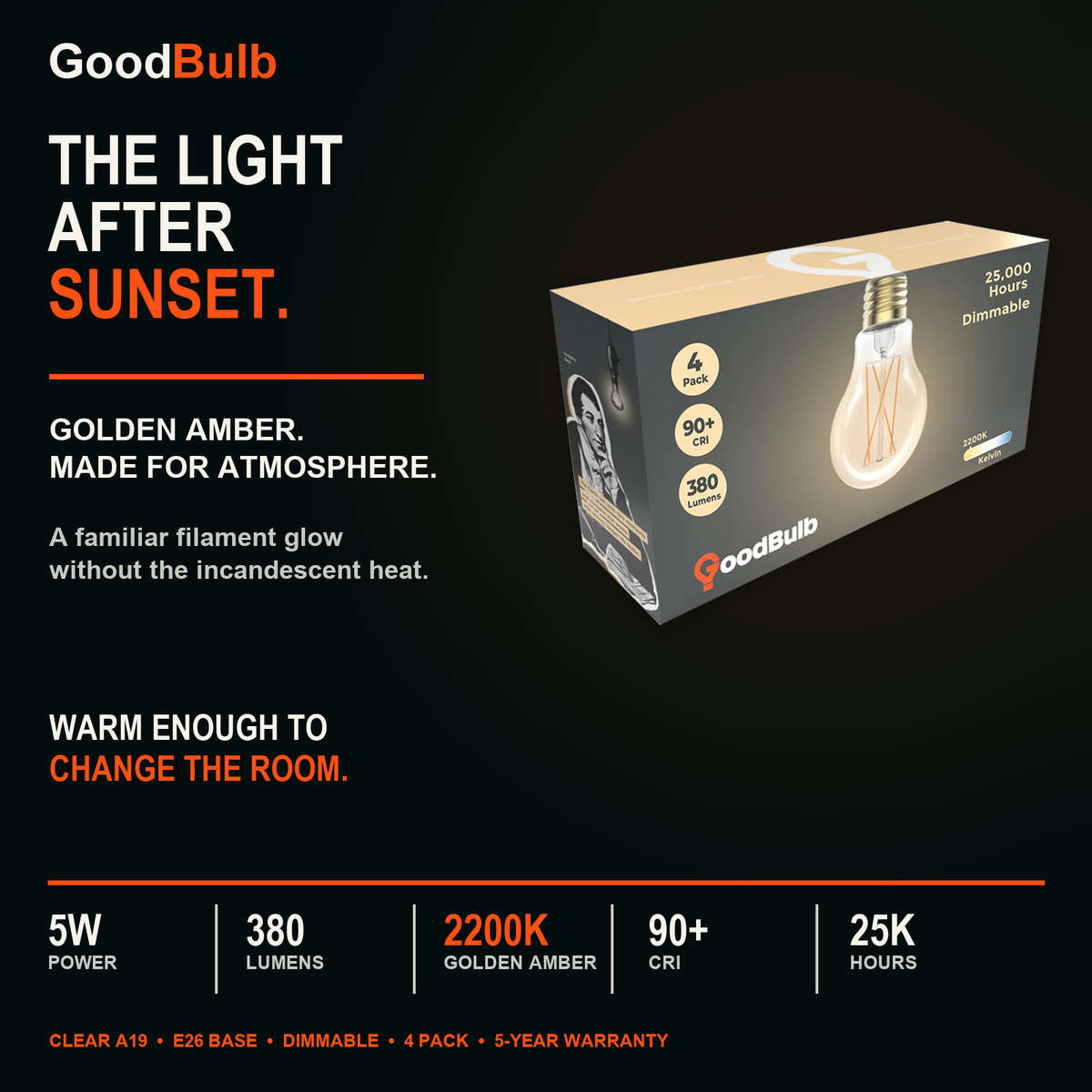 A19 Filament Nostalgic Amber LED filament bulb, amber glass, E26 Medium, dimmable vintage Edison style, 90 CRI