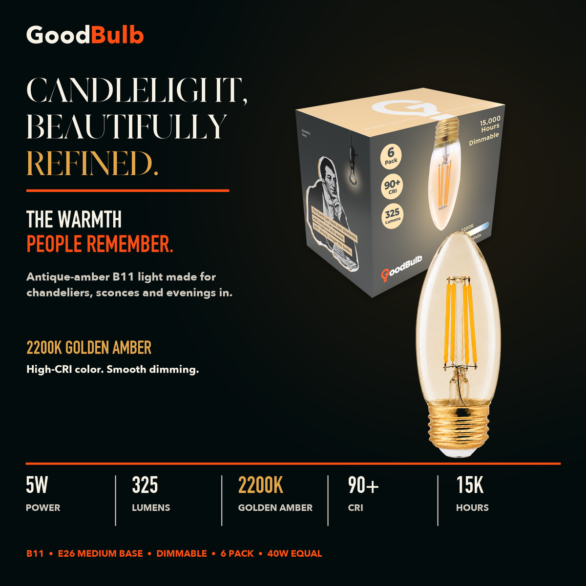 B11 Torpedo E26 Medium, Amber LED filament bulb, amber glass, E26 Medium, dimmable vintage Edison style, 90 CRI