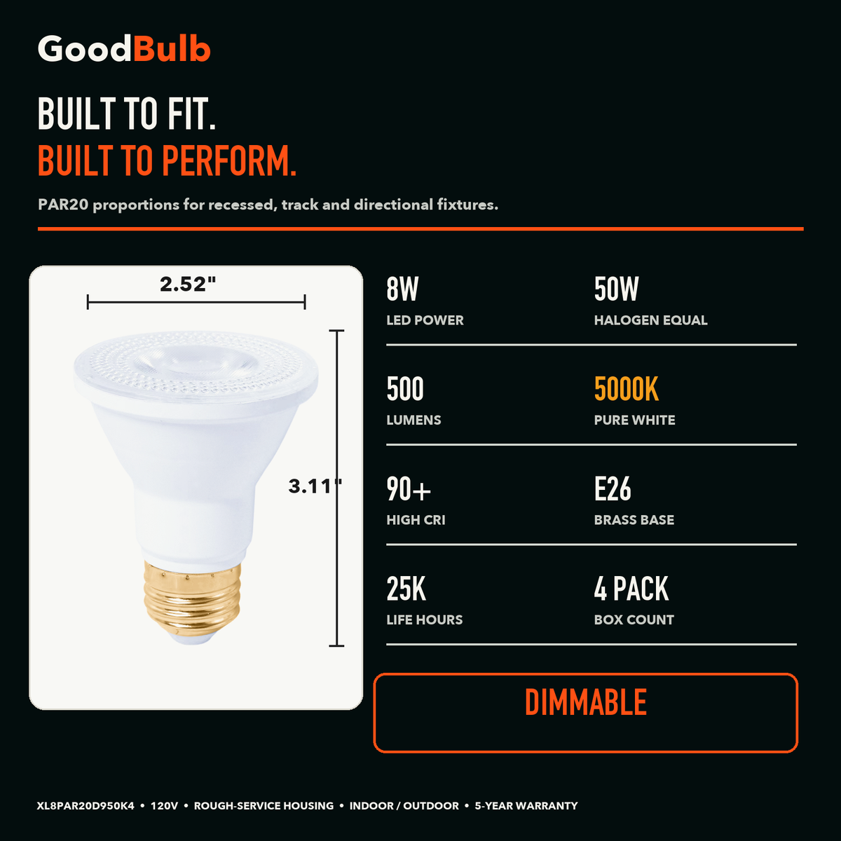 PAR20 5000K Daylight LED PAR bulb, PAR20, 5000K Daylight, 90+ CRI, halogen replacement flood/spot