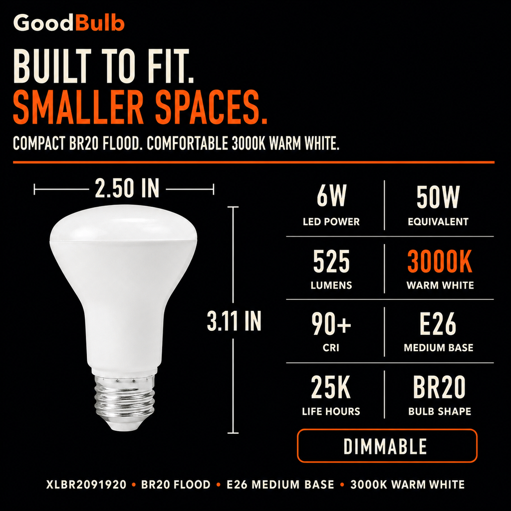 BR20 Small Reflector LED reflector bulb, BR20, 3000K Warm White, 90+ CRI, dimmable, for recessed cans