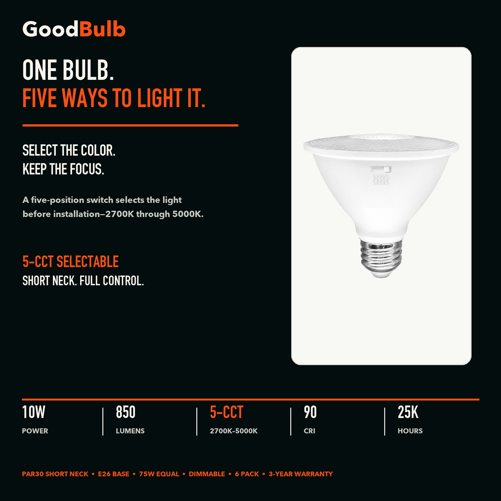 PAR30 Short Neck LED PAR bulb, PAR30, Selectable 2700K–5000K, 90+ CRI, halogen replacement flood/spot