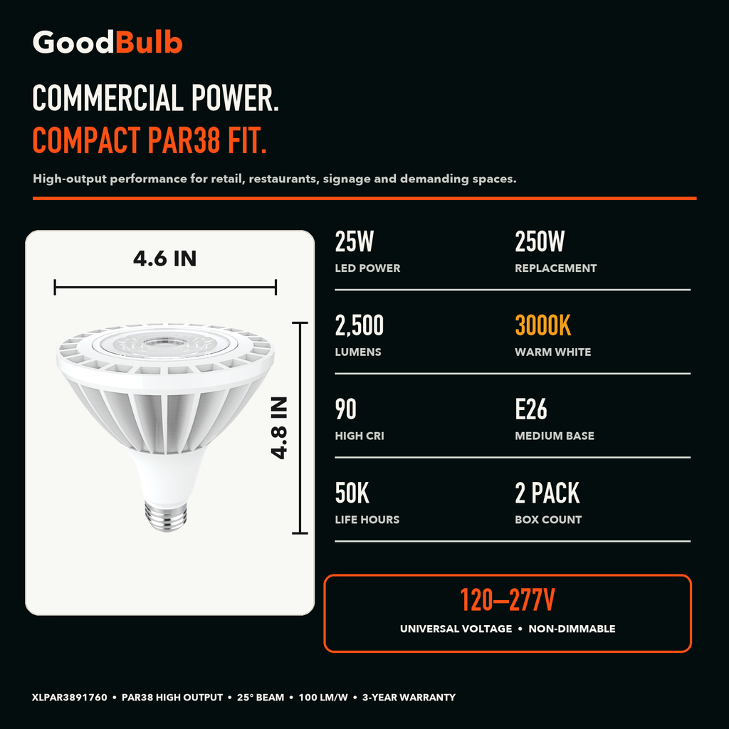 PAR38 3000K High Output LED PAR bulb, PAR38, 3000K Warm White, 90+ CRI, halogen replacement flood/spot