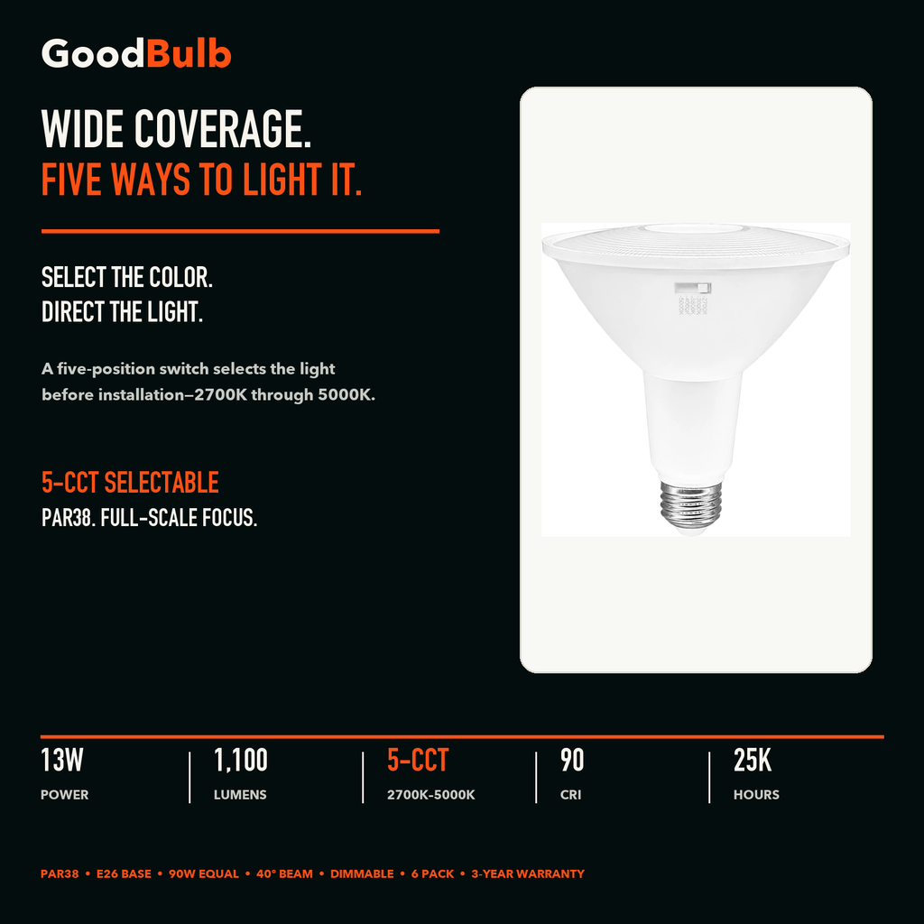 PAR38 Adjustable Color LED PAR bulb, PAR38, Selectable 2700K–5000K, 90+ CRI, halogen replacement flood/spot