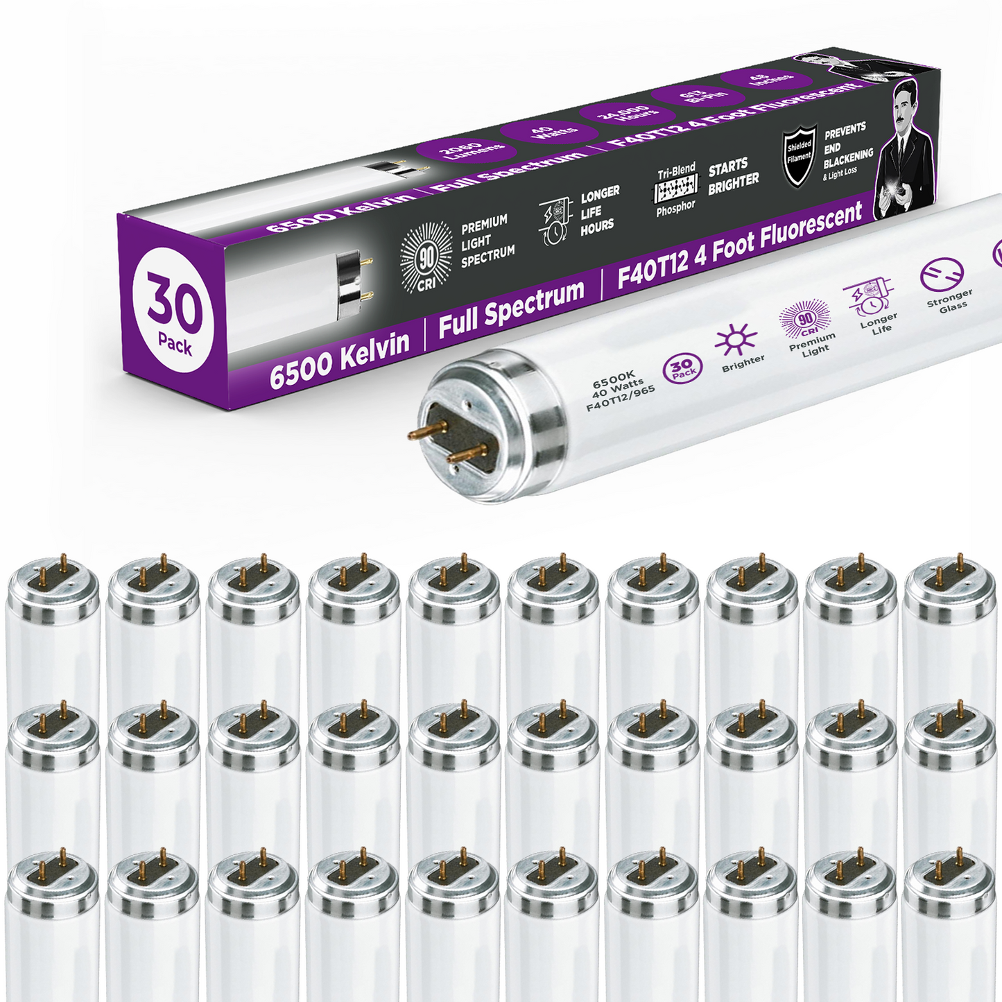 F40T12/965 - 40 Watt 48 Inch T12 Fluorescent Light Bulb - 6500K Full Spectrum - 2600 Lumens - 24,000 Hours