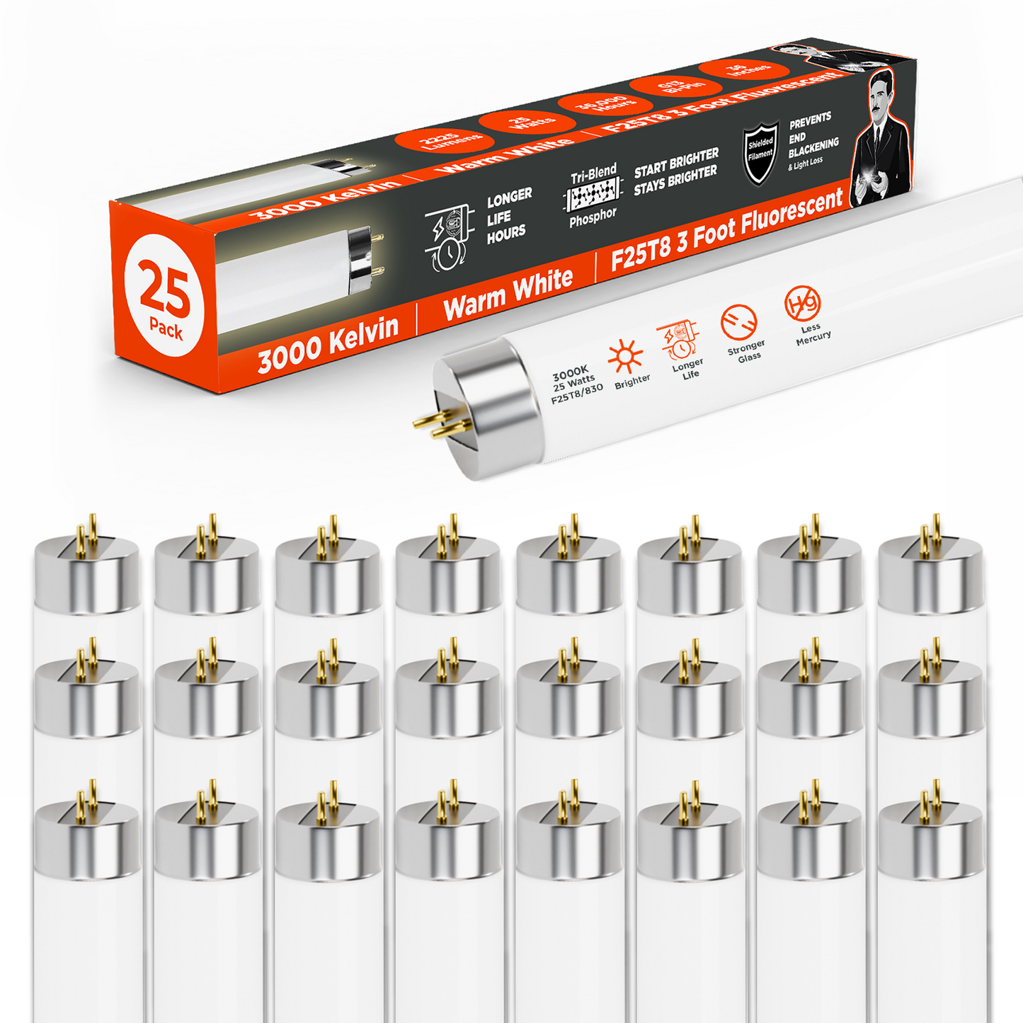 F25T8/830 - 25 Watt 36 Inch T8 Flourescent Light Bulb - 3000K Warm White - 2225 Lumens - 36,000 Hours