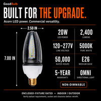 Acorn 20W 100W HID Replacement high output LED bulb, 5000K daylight, E26 / E39 Mogul, 120-277V, HID/halogen replacement