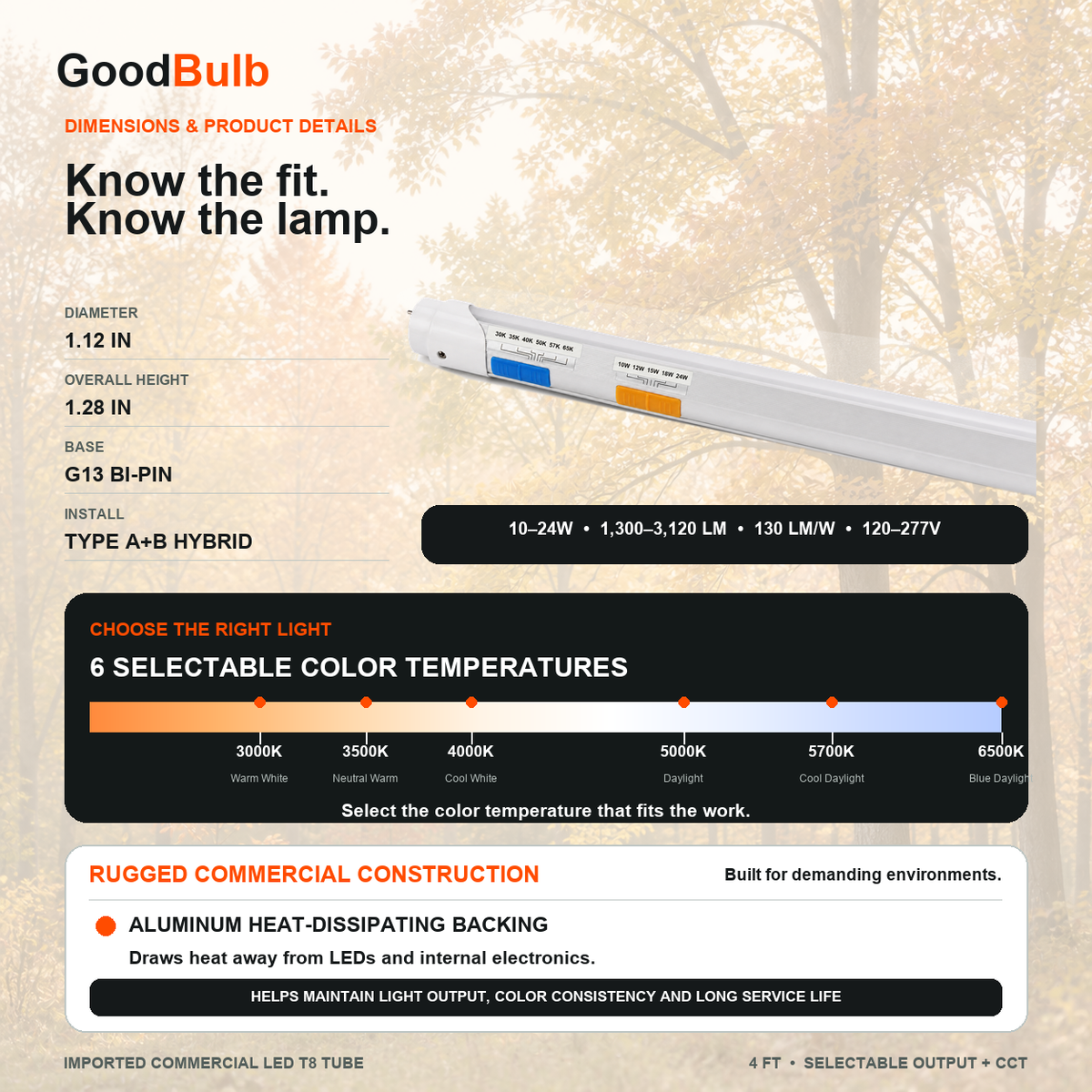 4FT LED T8 Tube 5 Color Select LED T8 tube, Selectable 3500K · 4000K · 5000K · 5700K · 6500K, G13 Bi-Pin, plug and play or ballast bypass, fluorescent replacement