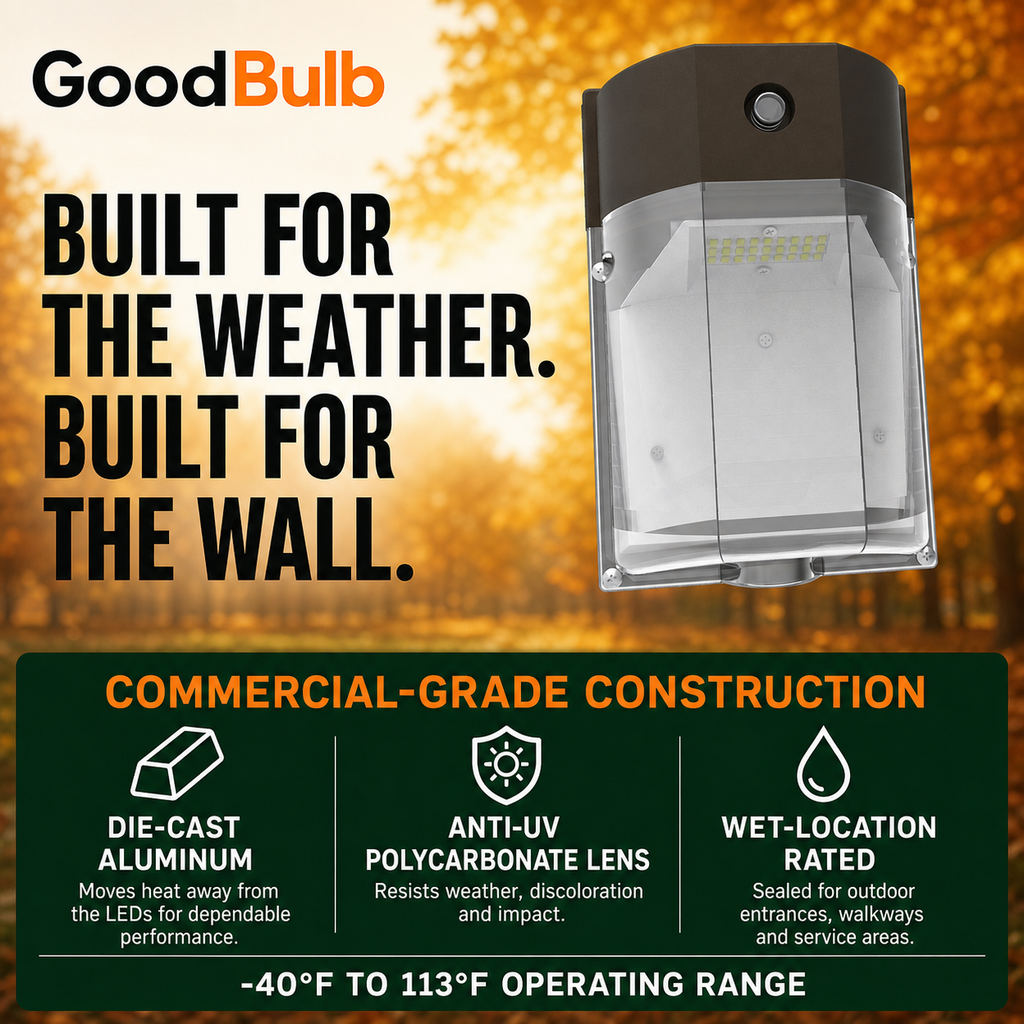 Mini Wall Pack 18/25/30W Selectable commercial LED fixture, selectable wattage and CCT, 120-277V, DLC 5.1 Premium, utility rebate eligible