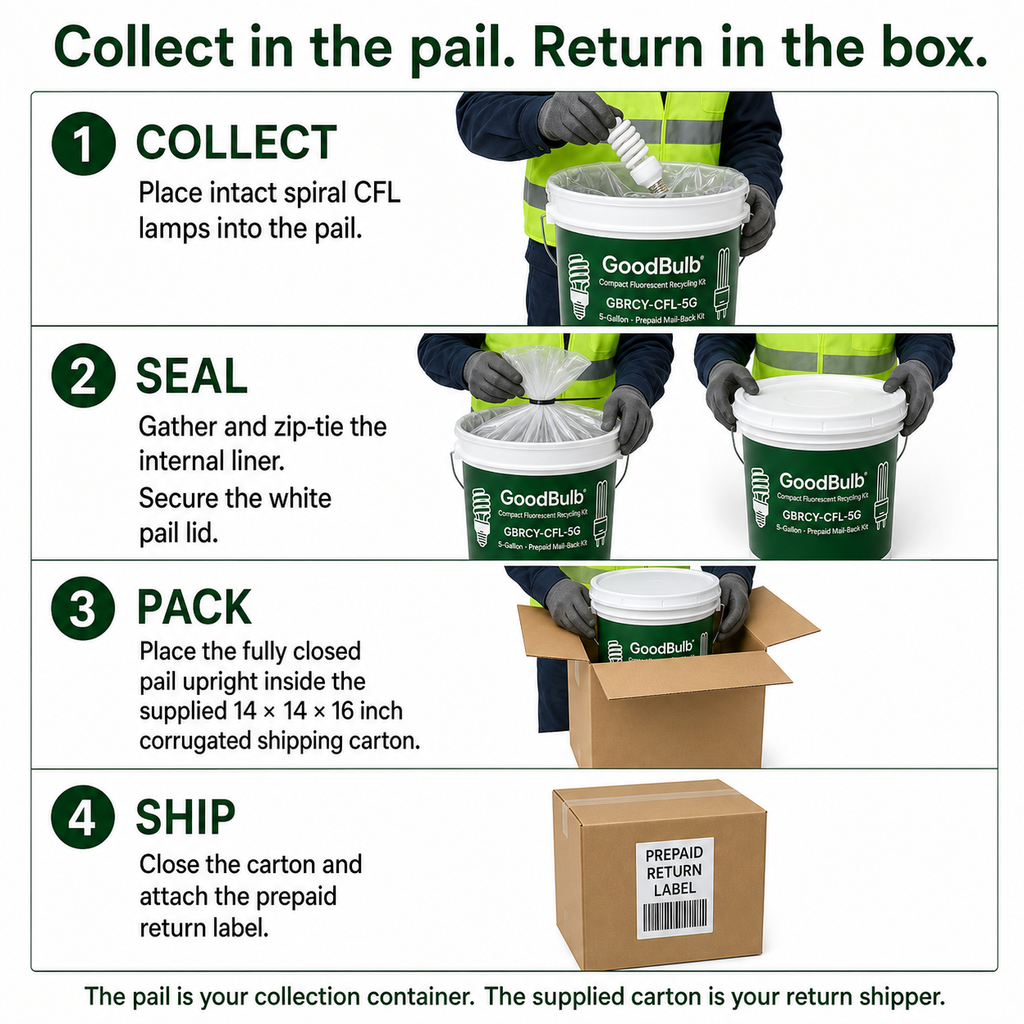 Compact Fluorescent Kit 5-Gallon prepaid mail-back recycling kit, cfl · compact fluorescent · bulk, certificate of recycling