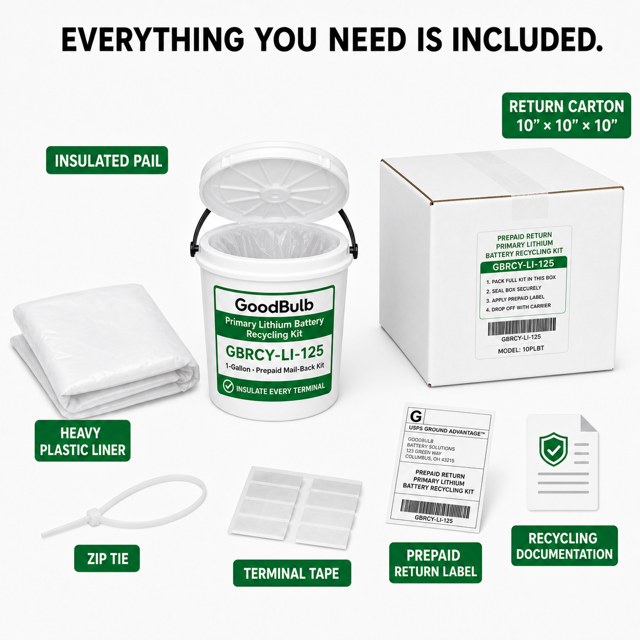 Primary Lithium Kit 1.25-Gallon prepaid mail-back recycling kit, primary lithium · non-rechargeable, certificate of recycling