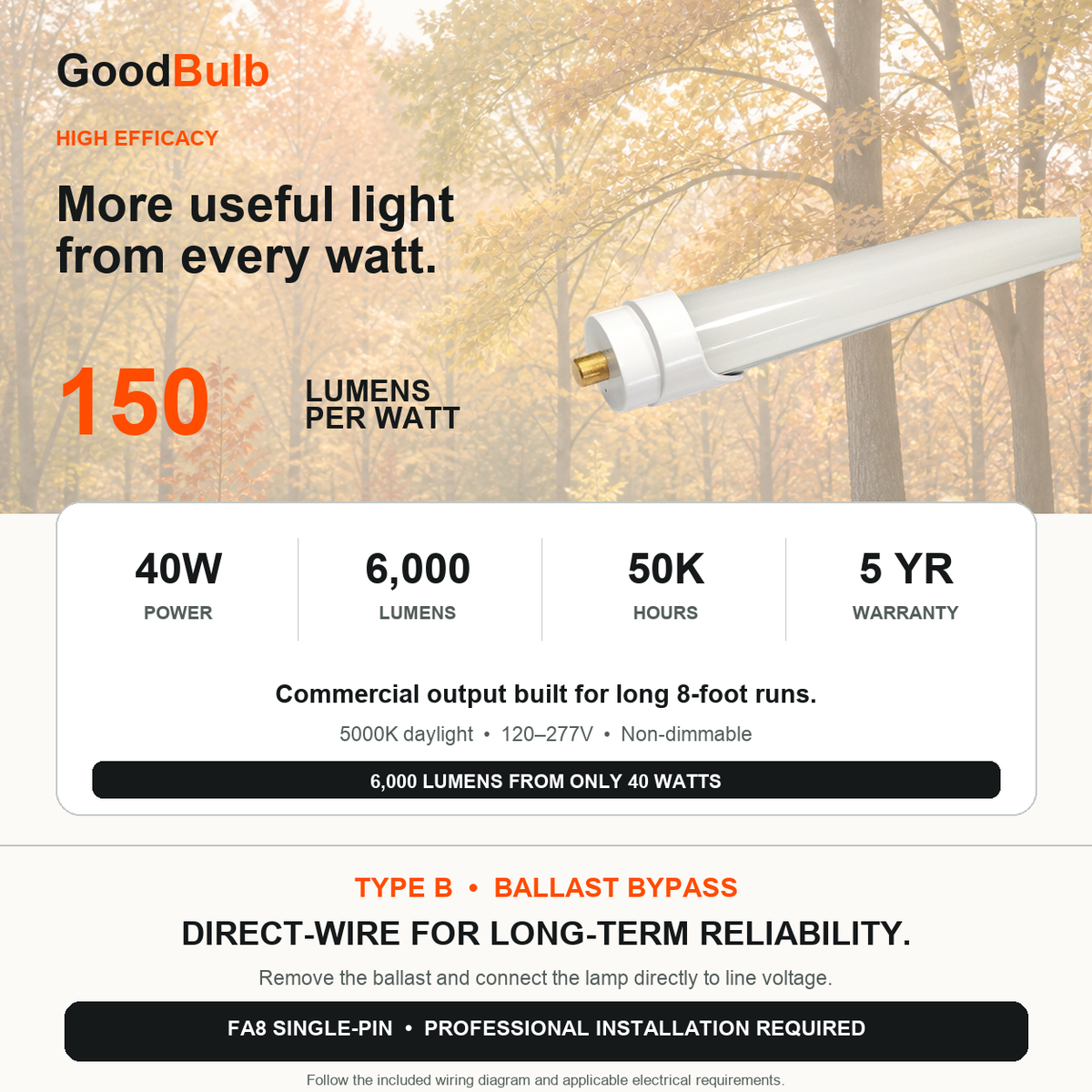 8FT LED T8 Tube 5000K Daylight LED T8 tube, 5000K Daylight, FA8 Single-Pin, plug and play or ballast bypass, fluorescent replacement