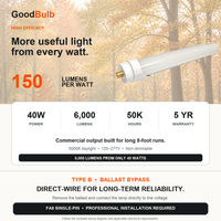 8FT LED T8 Tube 5000K Daylight LED T8 tube, 5000K Daylight, FA8 Single-Pin, plug and play or ballast bypass, fluorescent replacement