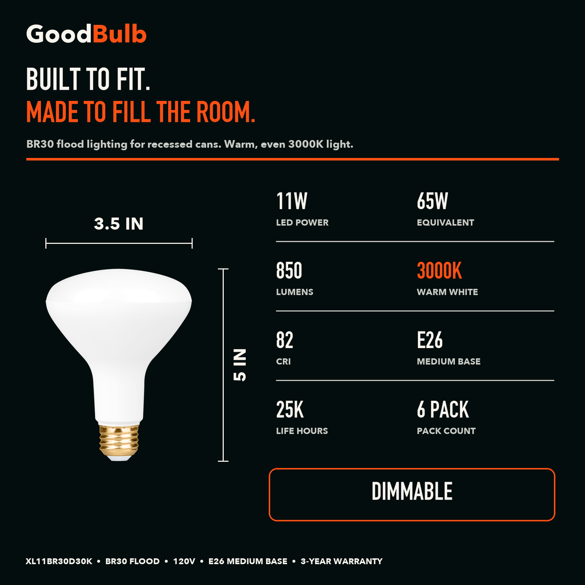 BR30 Final Run LED reflector bulb, BR30, 3000K Warm White, 90+ CRI, dimmable, for recessed cans