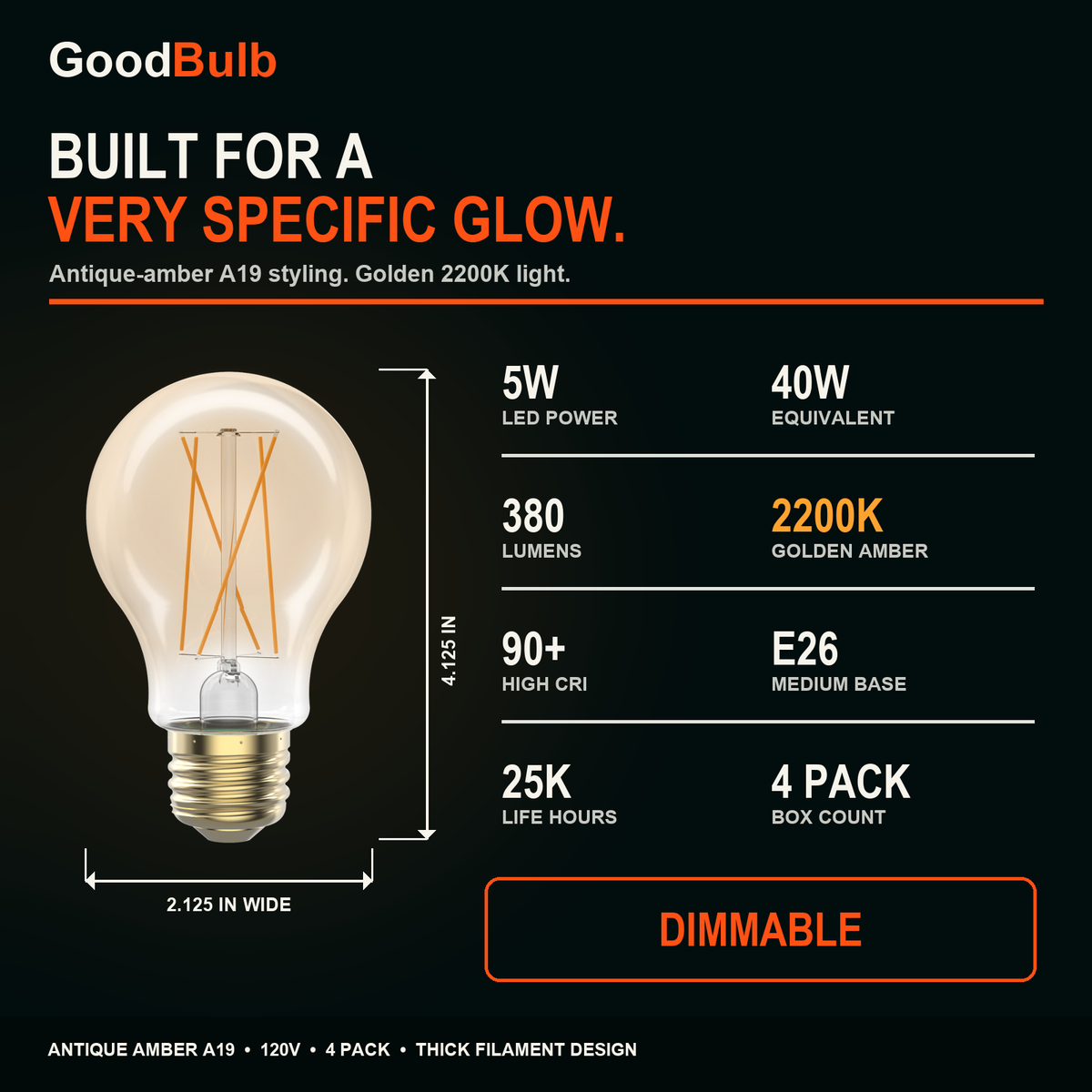 A19 Filament Nostalgic Amber LED filament bulb, amber glass, E26 Medium, dimmable vintage Edison style, 90 CRI