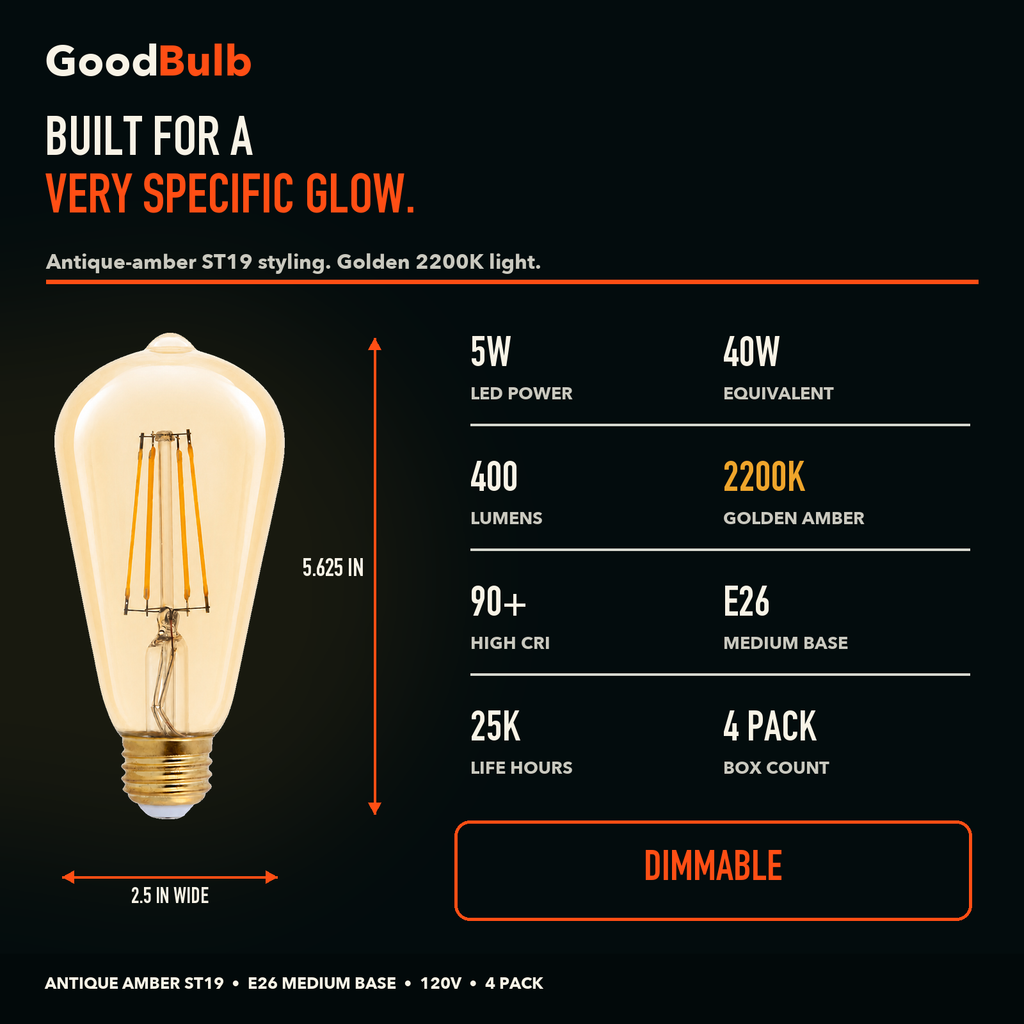 ST19 Edison Nostalgic Amber LED filament bulb, amber glass, E26 Medium, dimmable vintage Edison style, 90 CRI