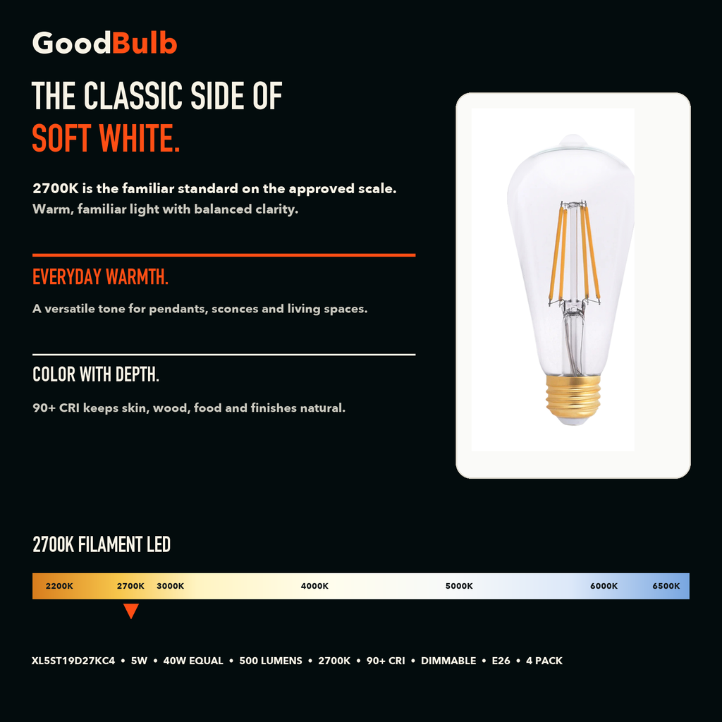 ST19 Edison Soft White Glow LED filament bulb, clear glass, E26 Medium, dimmable vintage Edison style, 90 CRI