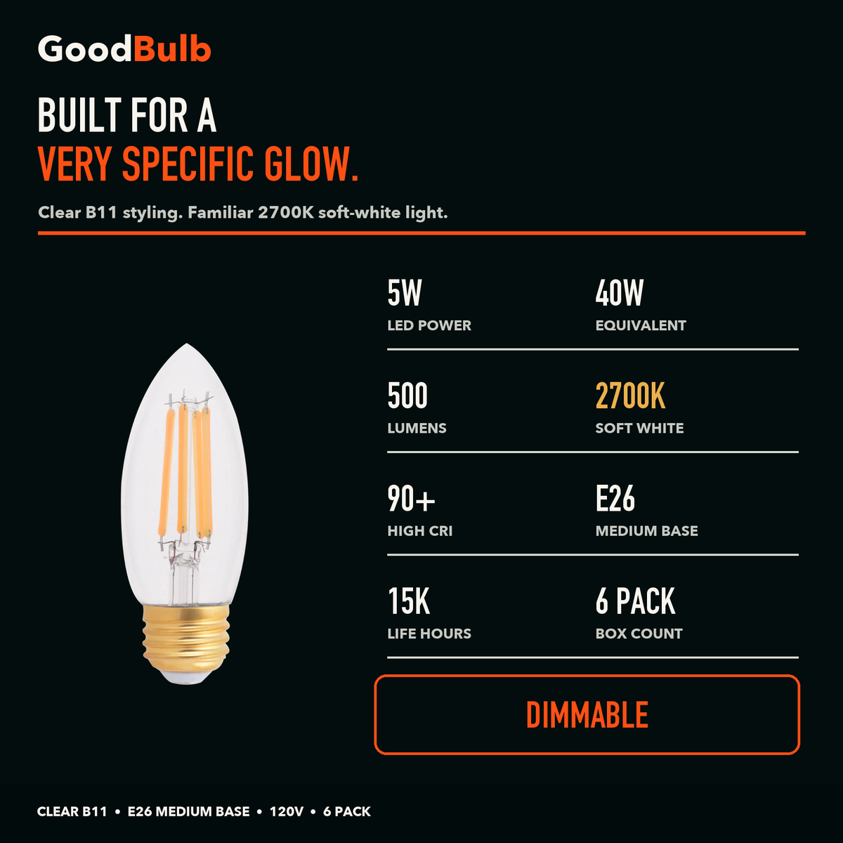 B11 Torpedo E26 Medium, Soft White LED filament bulb, clear glass, E26 Medium, dimmable vintage Edison style, 90 CRI