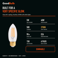 B11 Torpedo E26 Medium, Soft White LED filament bulb, clear glass, E26 Medium, dimmable vintage Edison style, 90 CRI