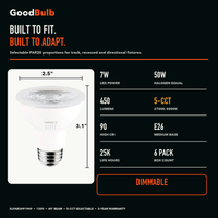 PAR20 Adjustable Color LED PAR bulb, PAR20, Selectable 2700K–5000K, 90+ CRI, halogen replacement flood/spot