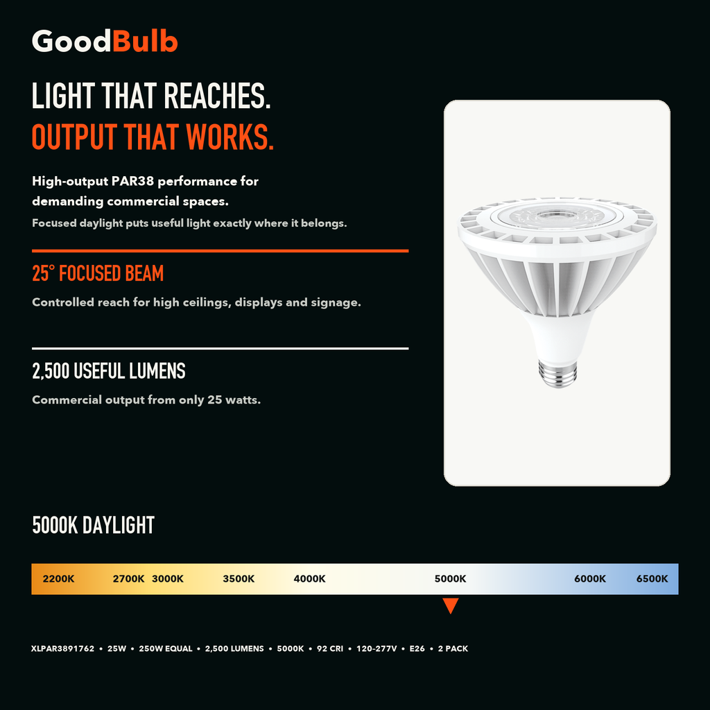 PAR38 5000K High Output LED PAR bulb, PAR38, 5000K Daylight, 90+ CRI, halogen replacement flood/spot