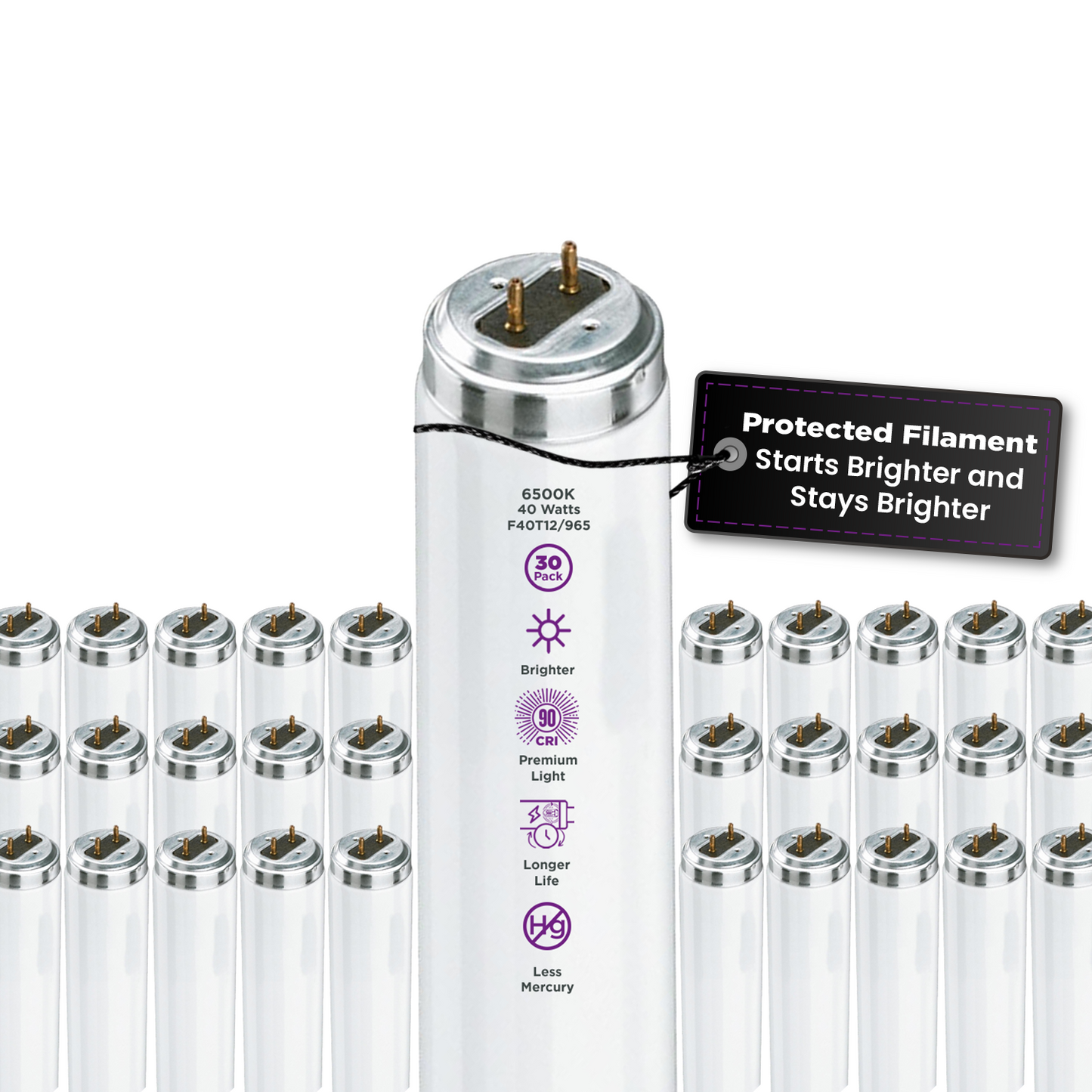 F40T12/965 - 40 Watt 48 Inch T12 Fluorescent Light Bulb - 6500K Full Spectrum - 2600 Lumens - 24,000 Hours