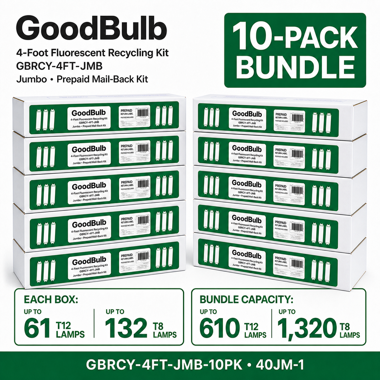 10-Pack 4-Foot Fluorescent Kit Jumbo prepaid mail-back recycling kit, fluorescent · bulk · ten kits, certificate of recycling