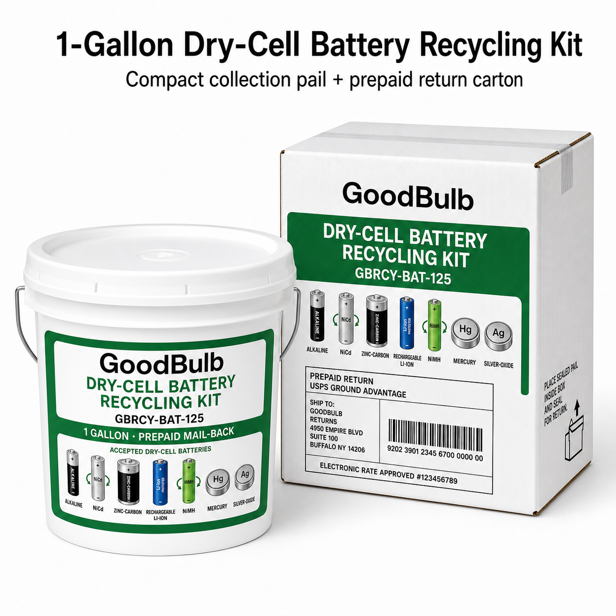 Dry-Cell Battery Kit 1.25-Gallon prepaid mail-back recycling kit, alkaline · nicad · nimh · li-ion, certificate of recycling