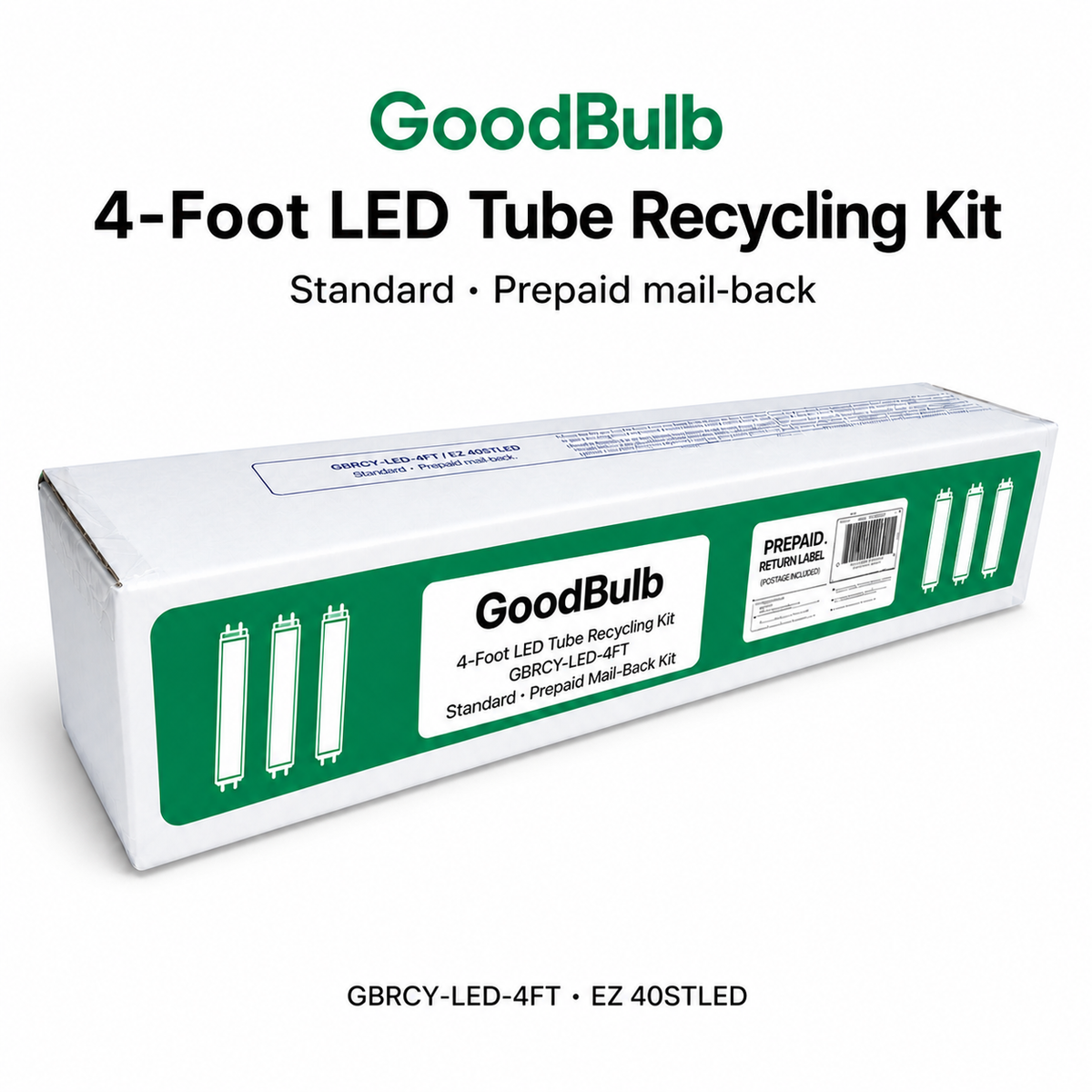 4-Foot LED Kit Standard prepaid mail-back recycling kit, led tubes · 4-foot & shorter · non-hazardous, certificate of recycling
