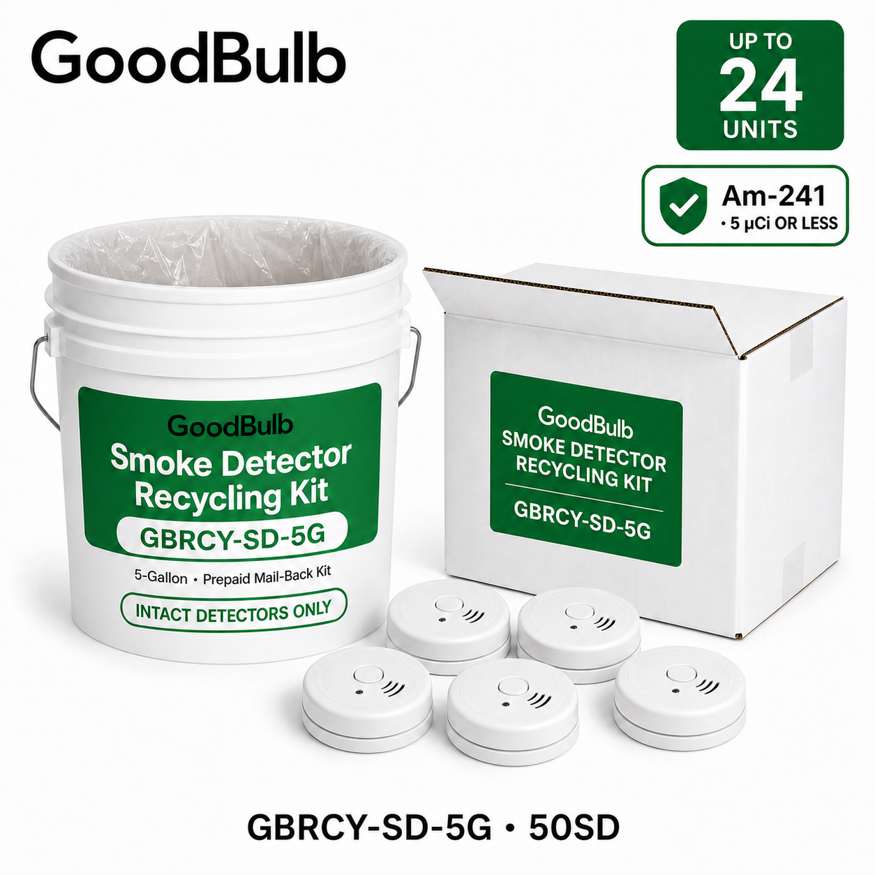 Smoke Detector Kit 5-Gallon prepaid mail-back recycling kit, ionization · americium-241 · bulk, certificate of recycling