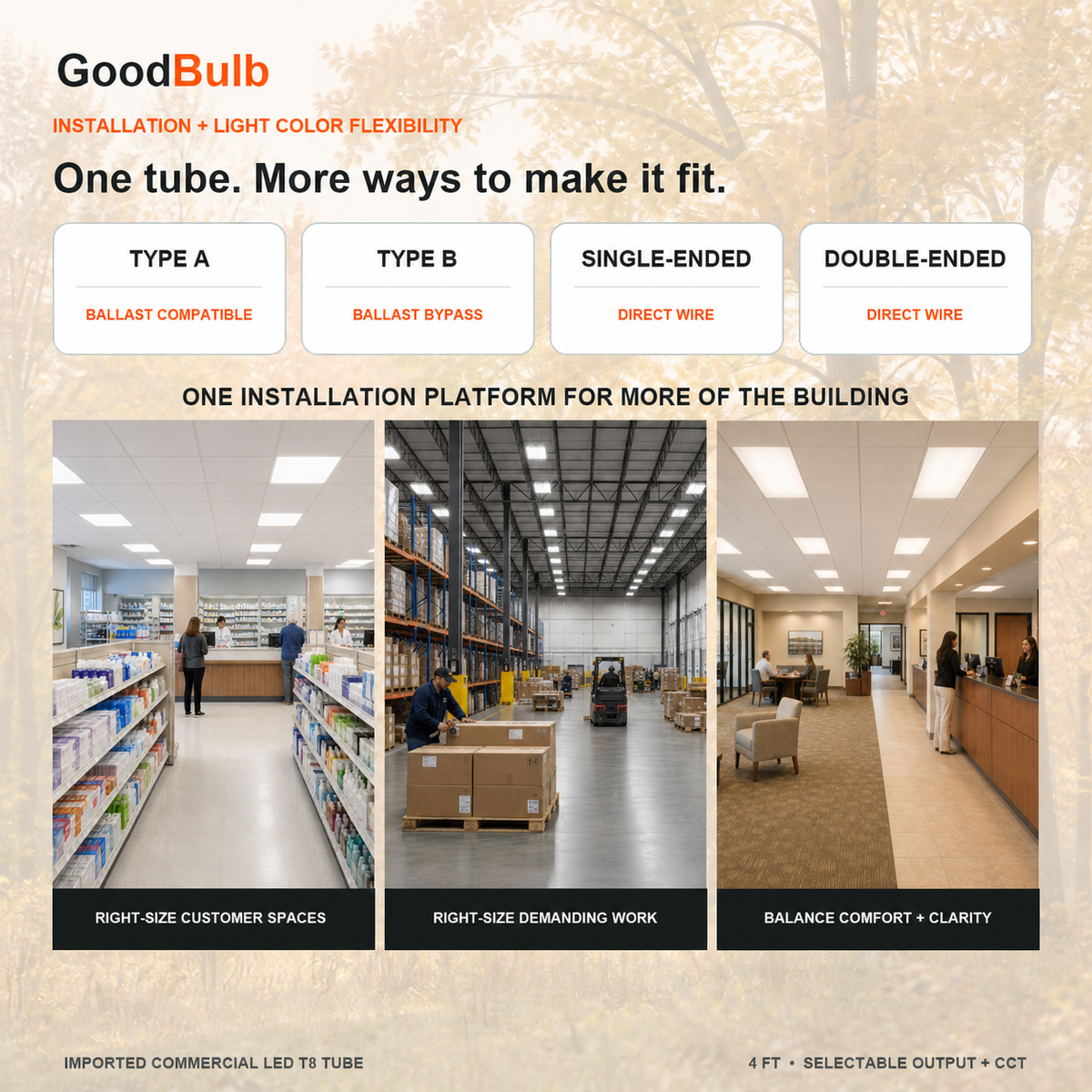 4FT LED T8 Tube 5 Color Select LED T8 tube, Selectable 3500K · 4000K · 5000K · 5700K · 6500K, G13 Bi-Pin, plug and play or ballast bypass, fluorescent replacement