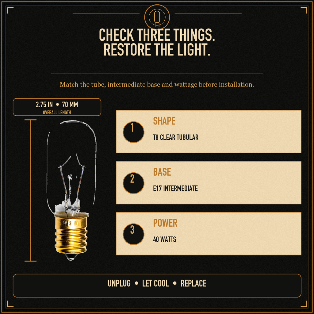 Incandescent Microwave Light Bulb, 40 Watts, T8 Tubular, E17 Brass Intermediate Base, Clear Finish