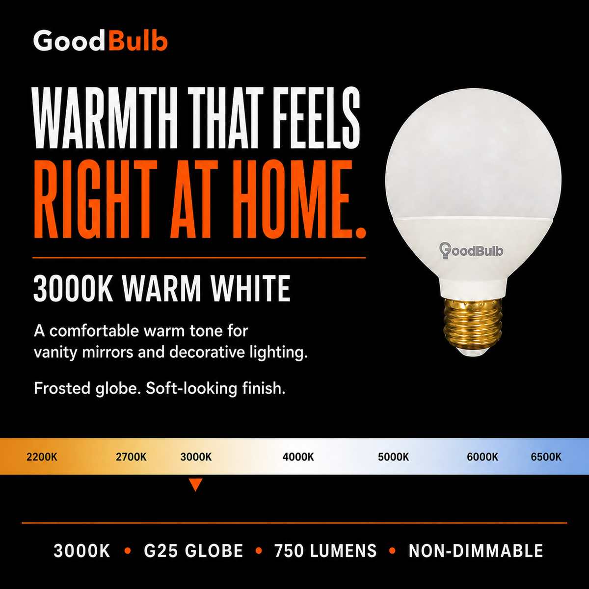 G25 LED vanity globe light bulb, warm white 3000K, 60W equal, E26 base, for bathroom mirror