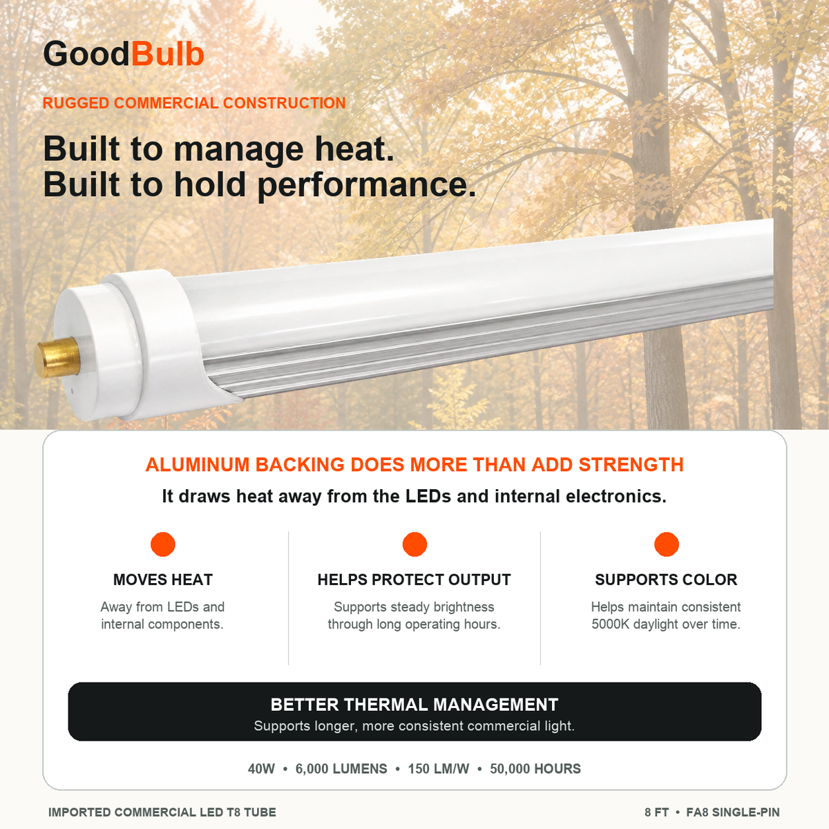 8FT LED T8 Tube 5000K Daylight LED T8 tube, 5000K Daylight, FA8 Single-Pin, plug and play or ballast bypass, fluorescent replacement