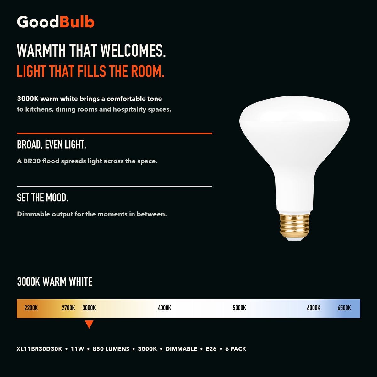 BR30 Final Run LED reflector bulb, BR30, 3000K Warm White, 90+ CRI, dimmable, for recessed cans