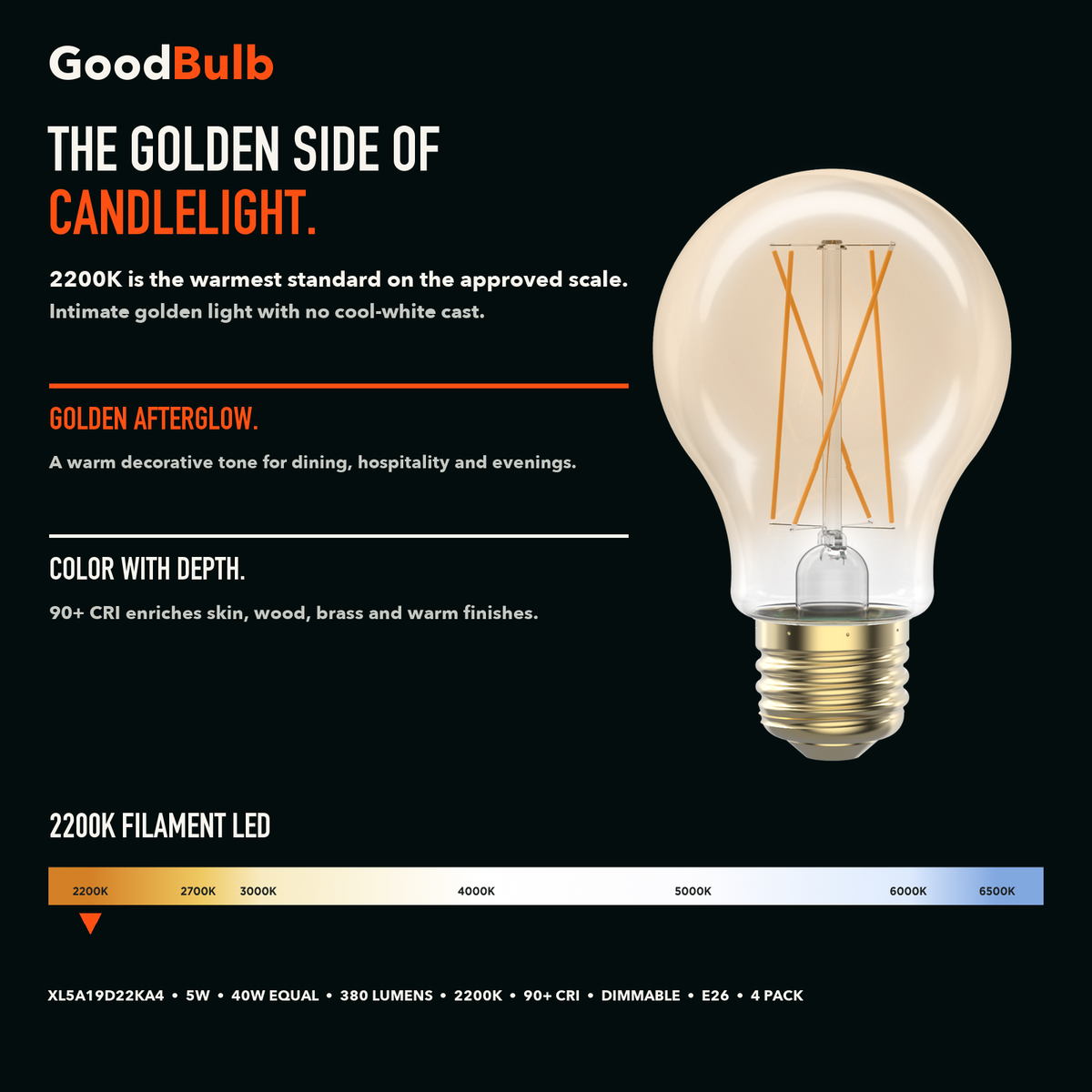 A19 Filament Nostalgic Amber LED filament bulb, amber glass, E26 Medium, dimmable vintage Edison style, 90 CRI