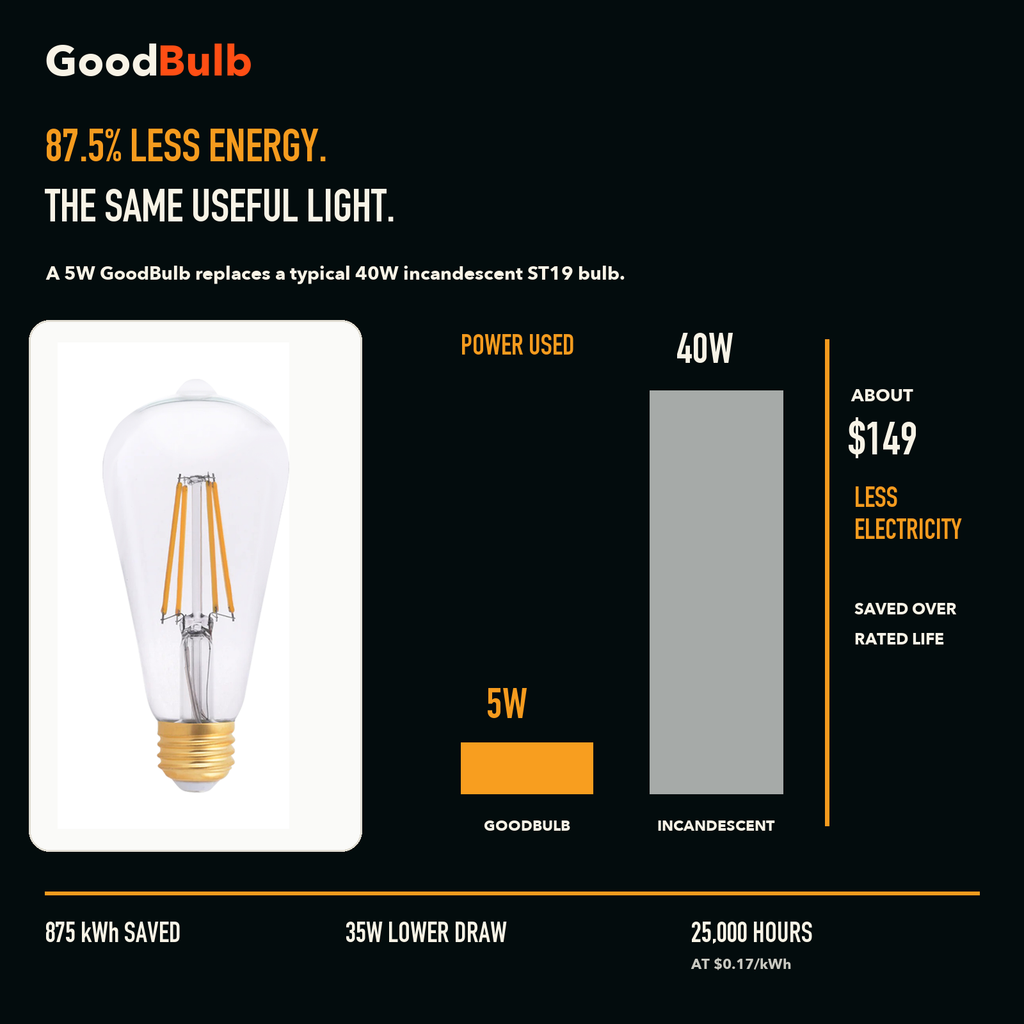 ST19 Edison Soft White Glow LED filament bulb, clear glass, E26 Medium, dimmable vintage Edison style, 90 CRI