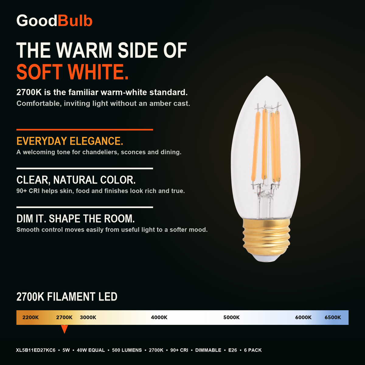 B11 Torpedo E26 Medium, Soft White LED filament bulb, clear glass, E26 Medium, dimmable vintage Edison style, 90 CRI