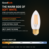 B11 Torpedo E26 Medium, Soft White LED filament bulb, clear glass, E26 Medium, dimmable vintage Edison style, 90 CRI