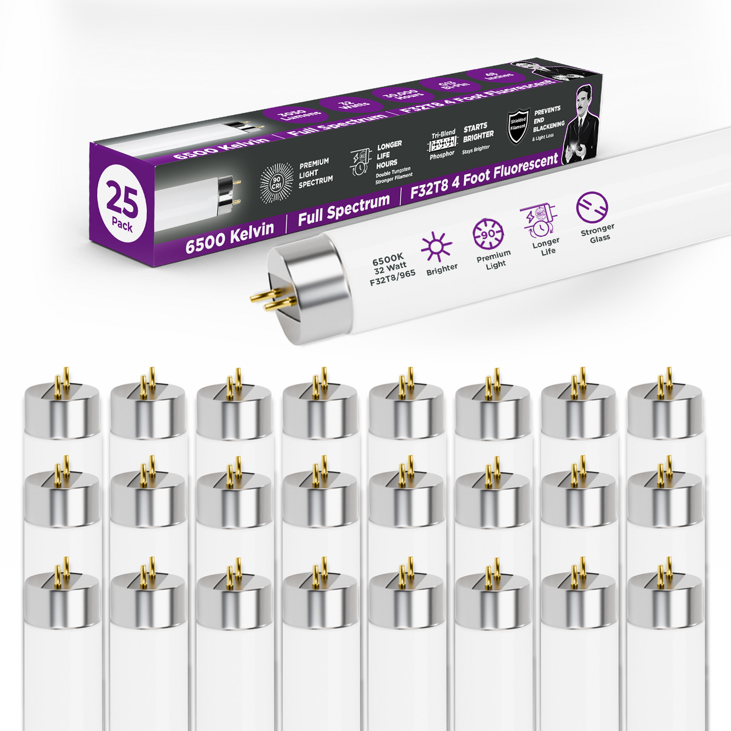 F32T8/965 - 32 Watt 48 Inch T8 Fluorescent Light Bulb - 6500K Full Spectrum - 3050 Lumens - 24,000 Hours