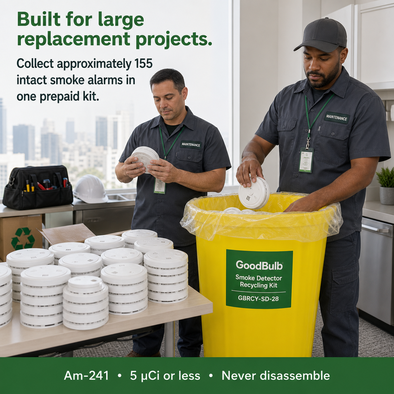 Smoke Detector Kit 28-Gallon prepaid mail-back recycling kit, ionization · americium-241 · high volume, certificate of recycling