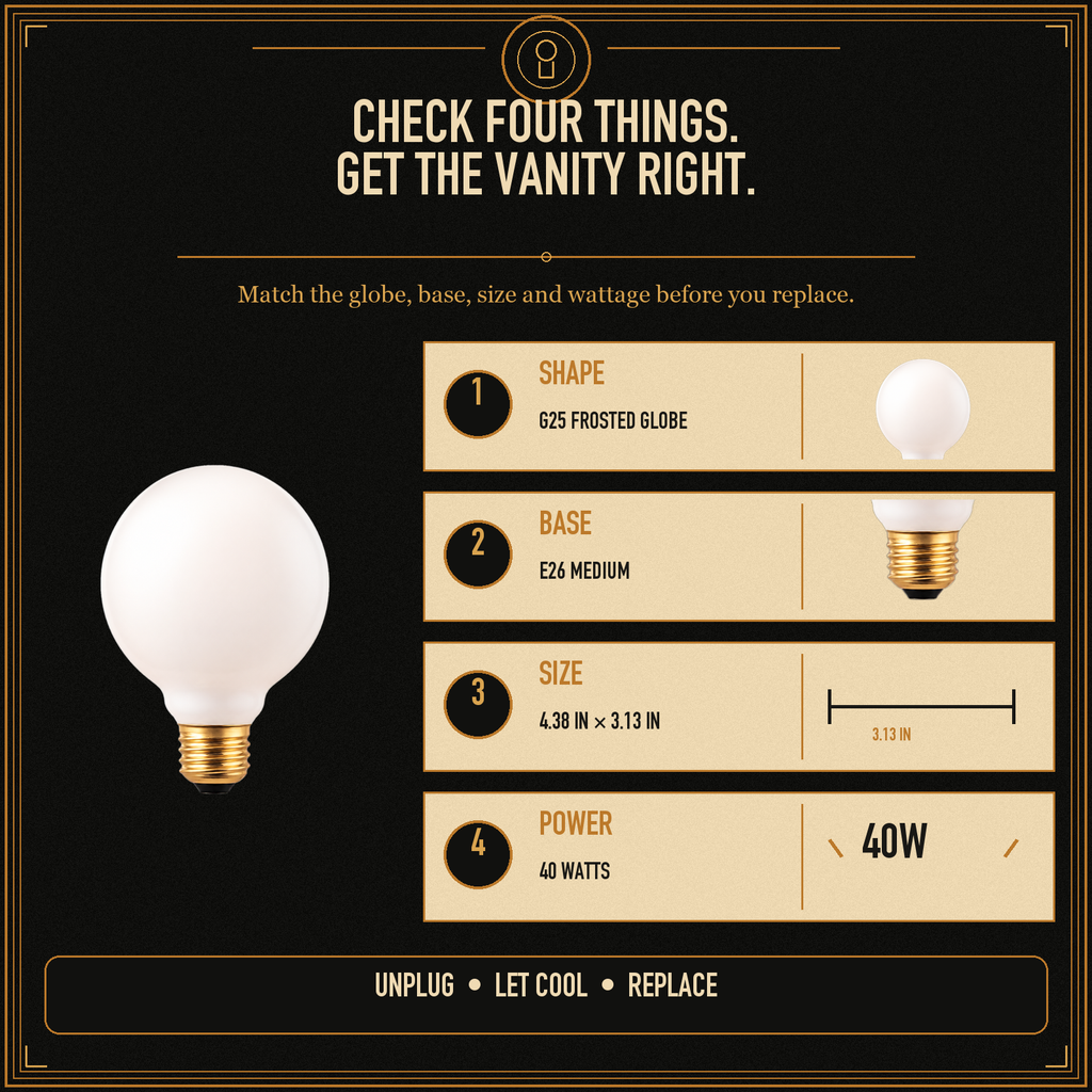 The Vanity Globe incandescent light bulb, 40W G25 E26, 100 CRI, dimmable