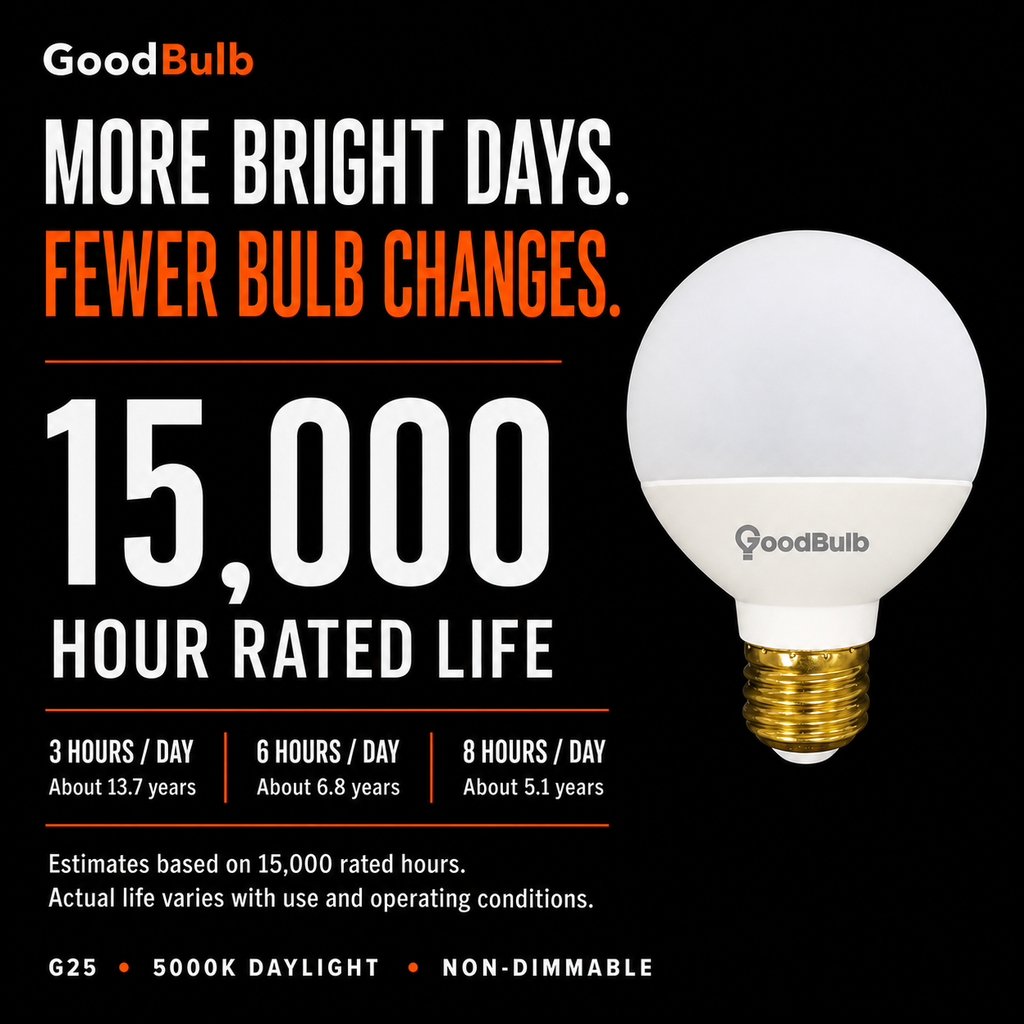 G25 LED vanity globe light bulb, daylight 5000K, 60W equal, E26 base, for bathroom mirror