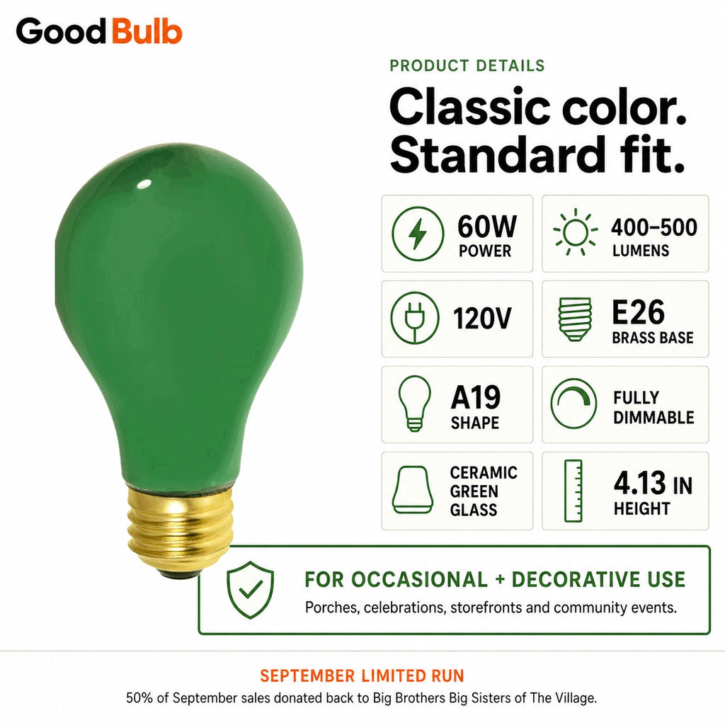 Green 60W Incandescent Classic Filament colored LED light bulb, A19, E26, 60W equivalent, porch cause bulb