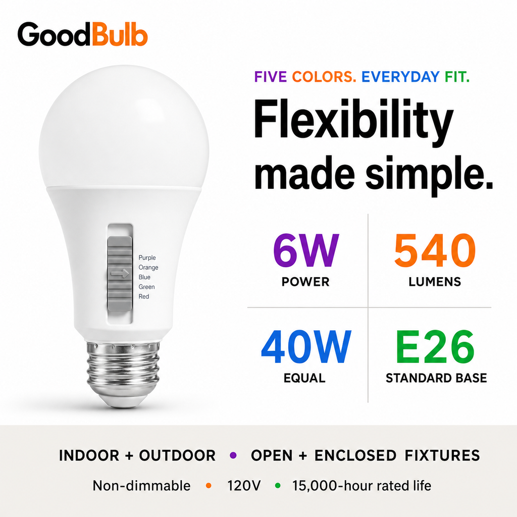 5-Color Select 60W Equal colored LED light bulb, A19, E26, 60W equivalent, blue cause bulb