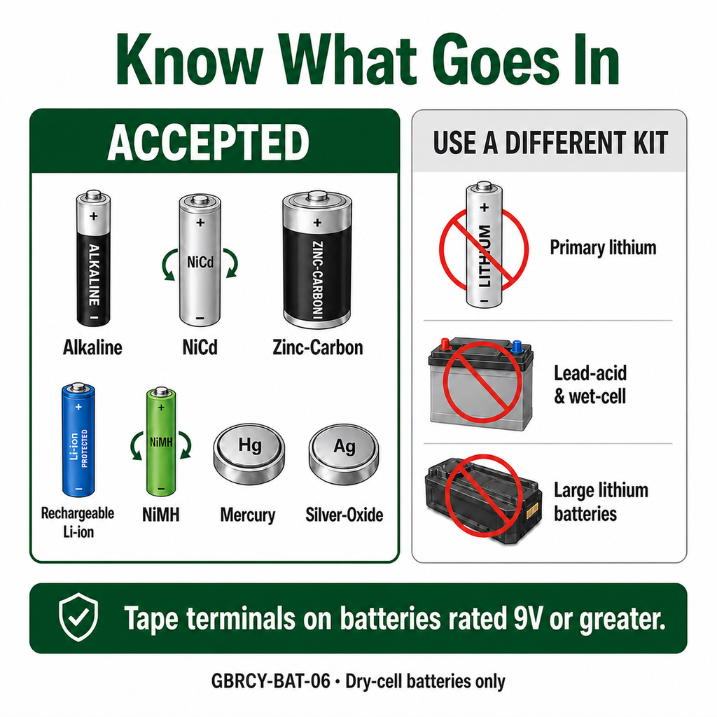 Dry-Cell Battery Kit 0.6-Gallon prepaid mail-back recycling kit, alkaline · nicad · nimh · li-ion, certificate of recycling
