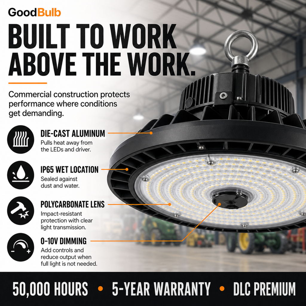 UFO High Bay 100/125/150W Selectable commercial LED fixture, selectable wattage and CCT, 120-277V, DLC 5.1 Premium, utility rebate eligible