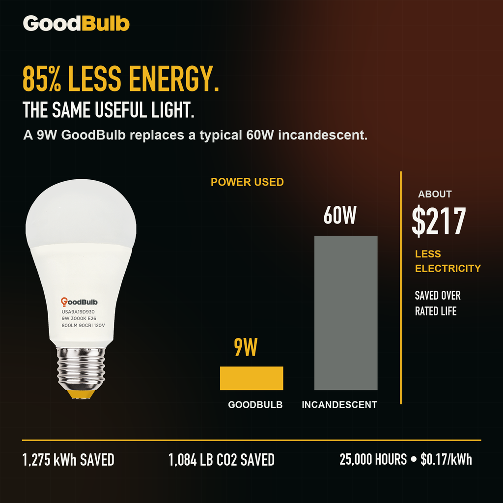 GoodBulb Warm White 3000K A19 LED bulb, made in USA, Fargo North Dakota