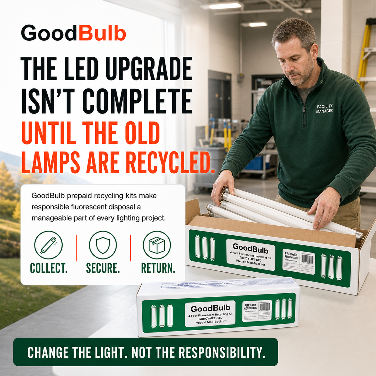 4-Foot Fluorescent Kit Jumbo prepaid mail-back recycling kit, fluorescent · t8 · t12 · high capacity, certificate of recycling