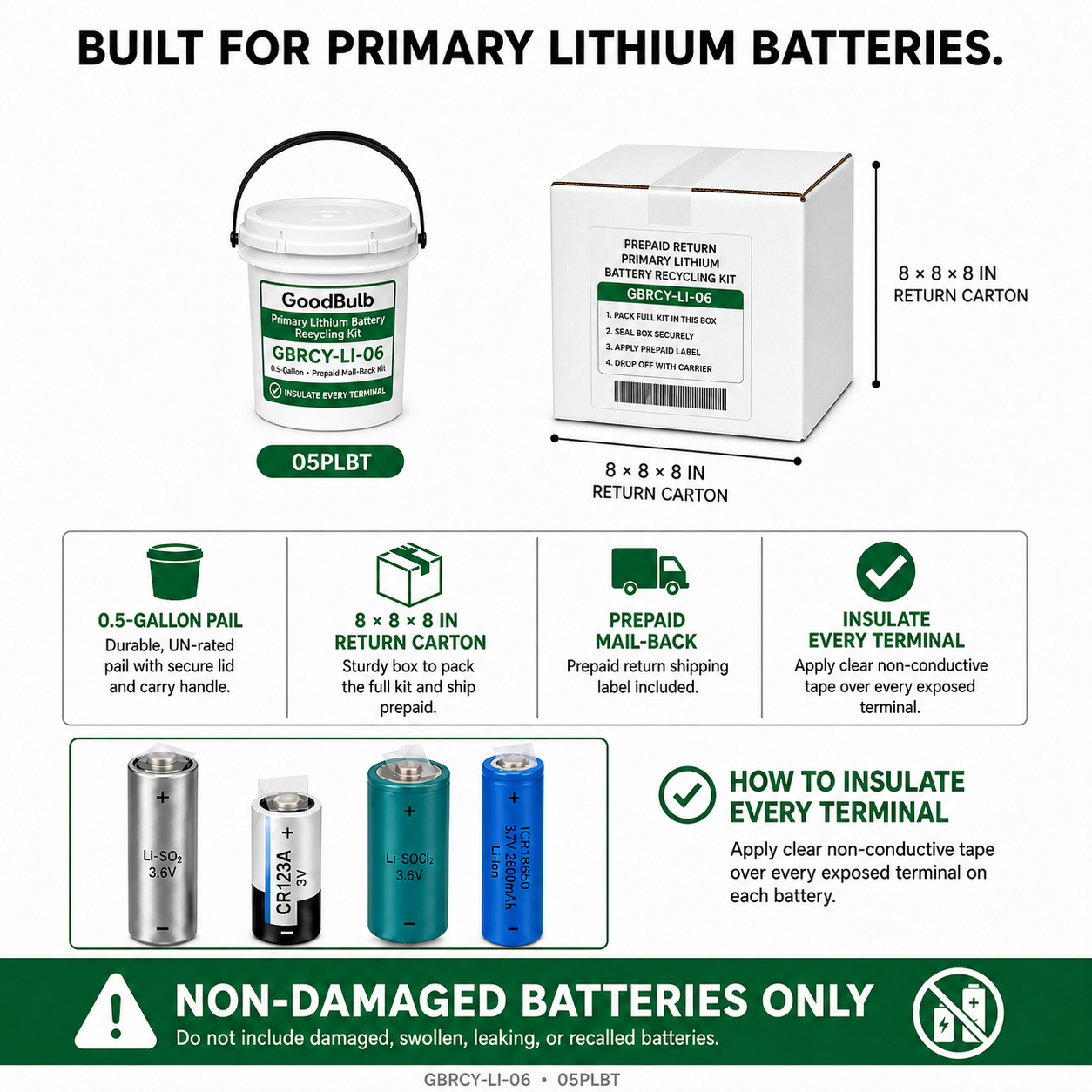 Primary Lithium Kit 0.6-Gallon prepaid mail-back recycling kit, primary lithium · non-rechargeable, certificate of recycling