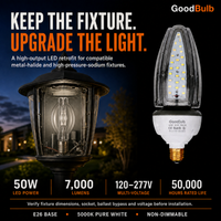 Acorn 50W 300W HID Replacement high output LED bulb, 5000K daylight, E26 / E39 Mogul, 120-277V, HID/halogen replacement